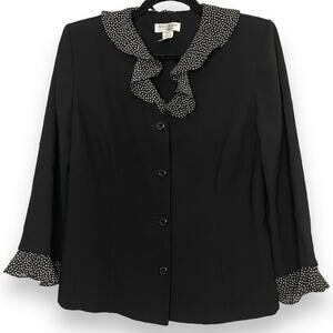 Miss Dorby Blazer Jacket Women's 12 Black Polka Dot Ruffle Business Casual VTG